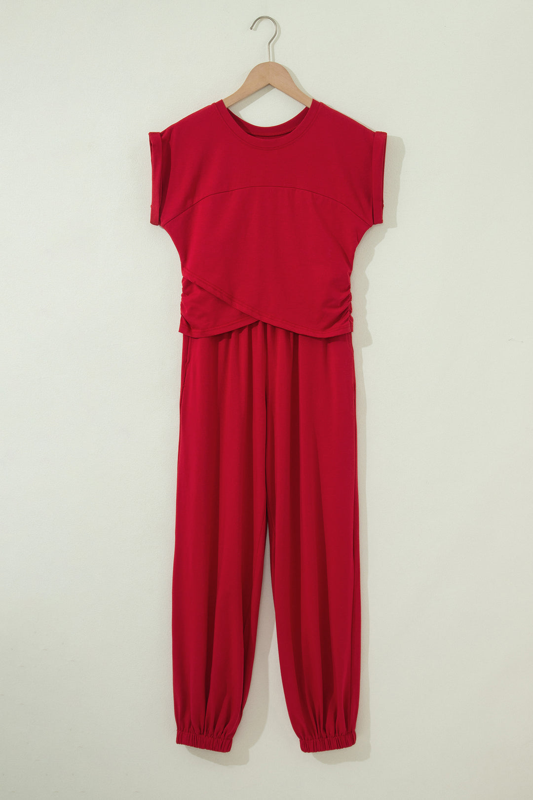 Racing Red Solid Color Cropped Tank Top and Jogger Pants Set