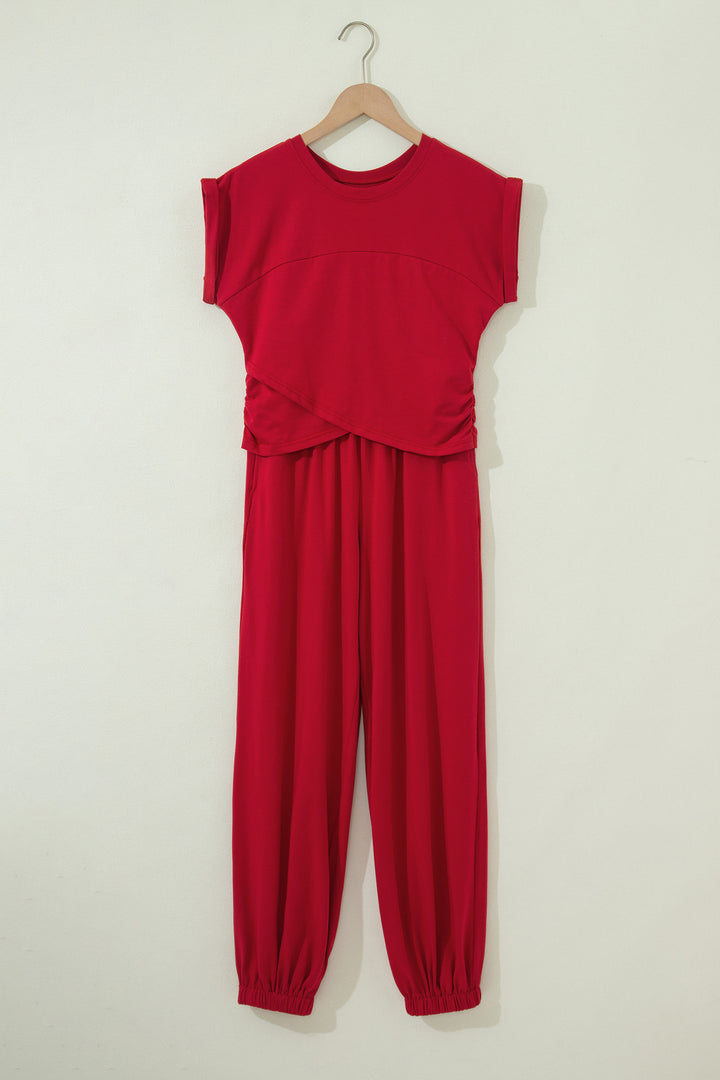 Racing Red Solid Color Cropped Tank Top and Jogger Pants Set