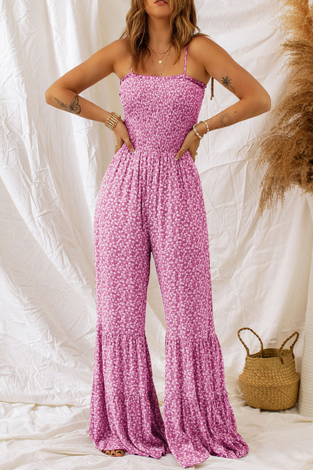 Phalaenopsis Thin Straps Smocked Bodice Wide Leg Floral Jumpsuit | Women