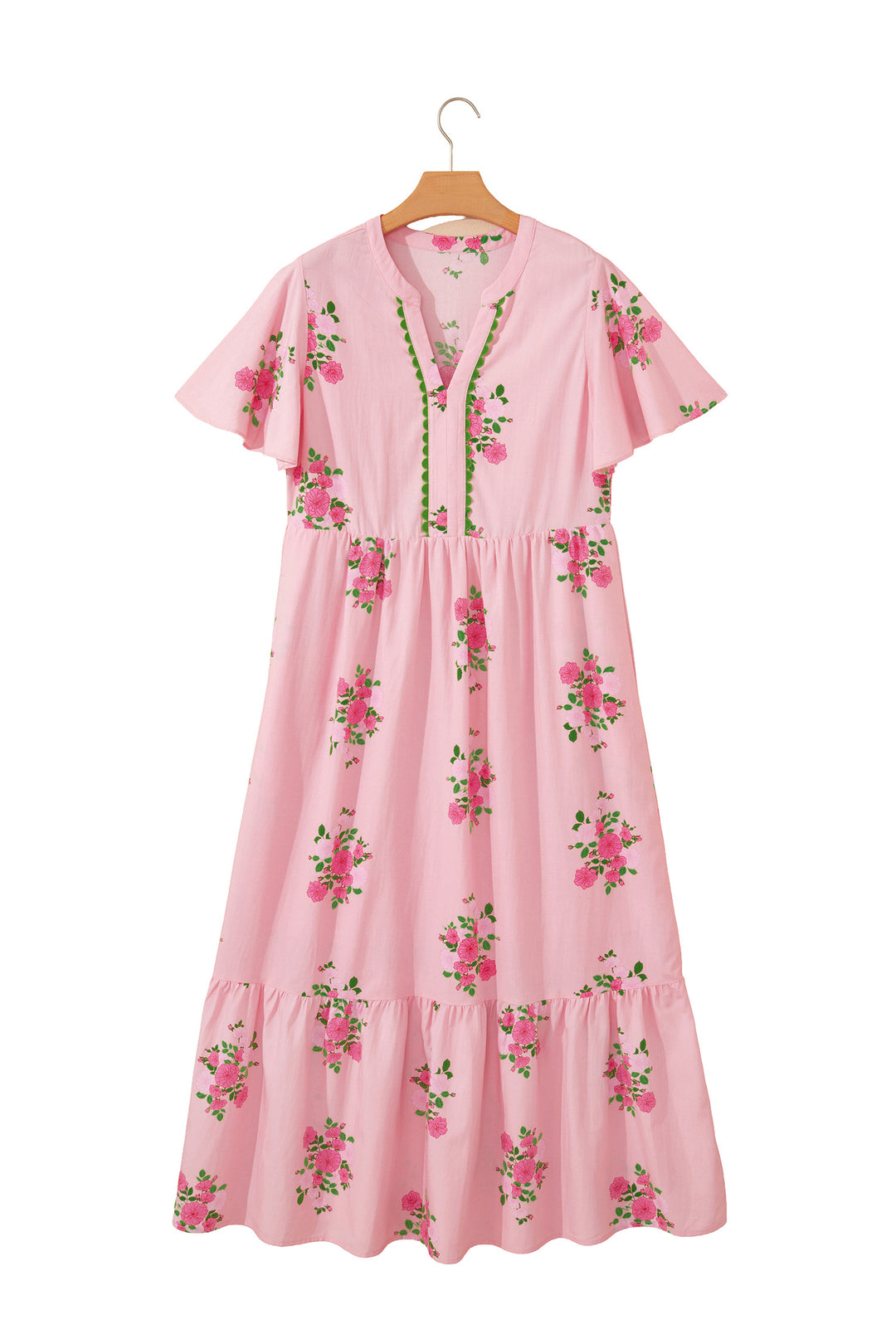 Pink Notched Neck Flutter Short Sleeve Floral Print Maxi Dress