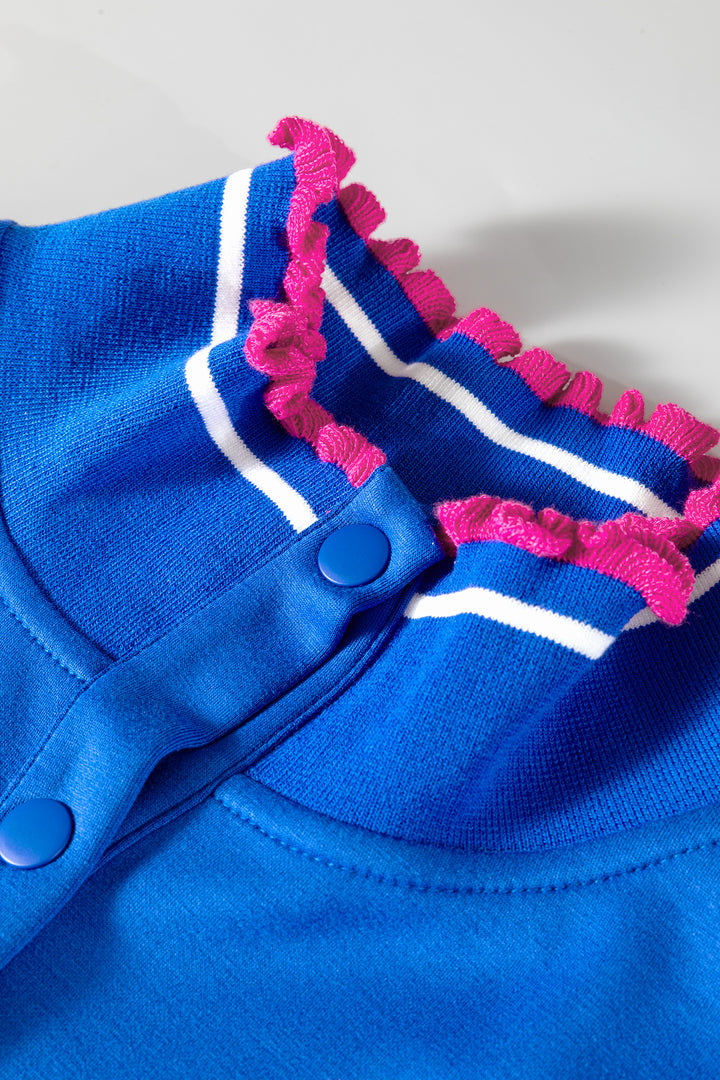 Sky Blue Contrast Frilled Trim Button Collared Short Sleeve Knit Top