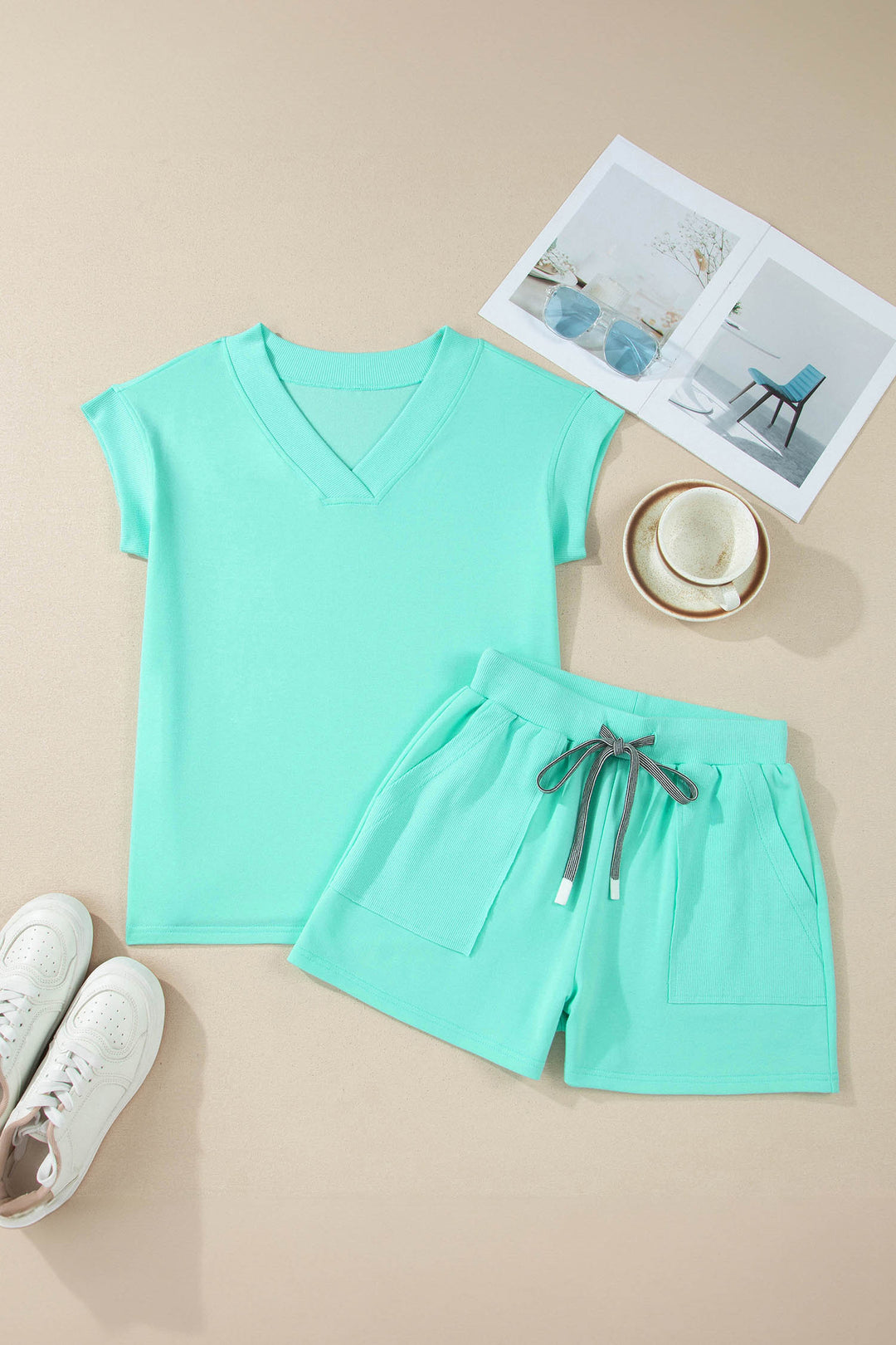 Sachet Pink V Neck Short Sleeve Top Drawstring Shorts 2pcs Set