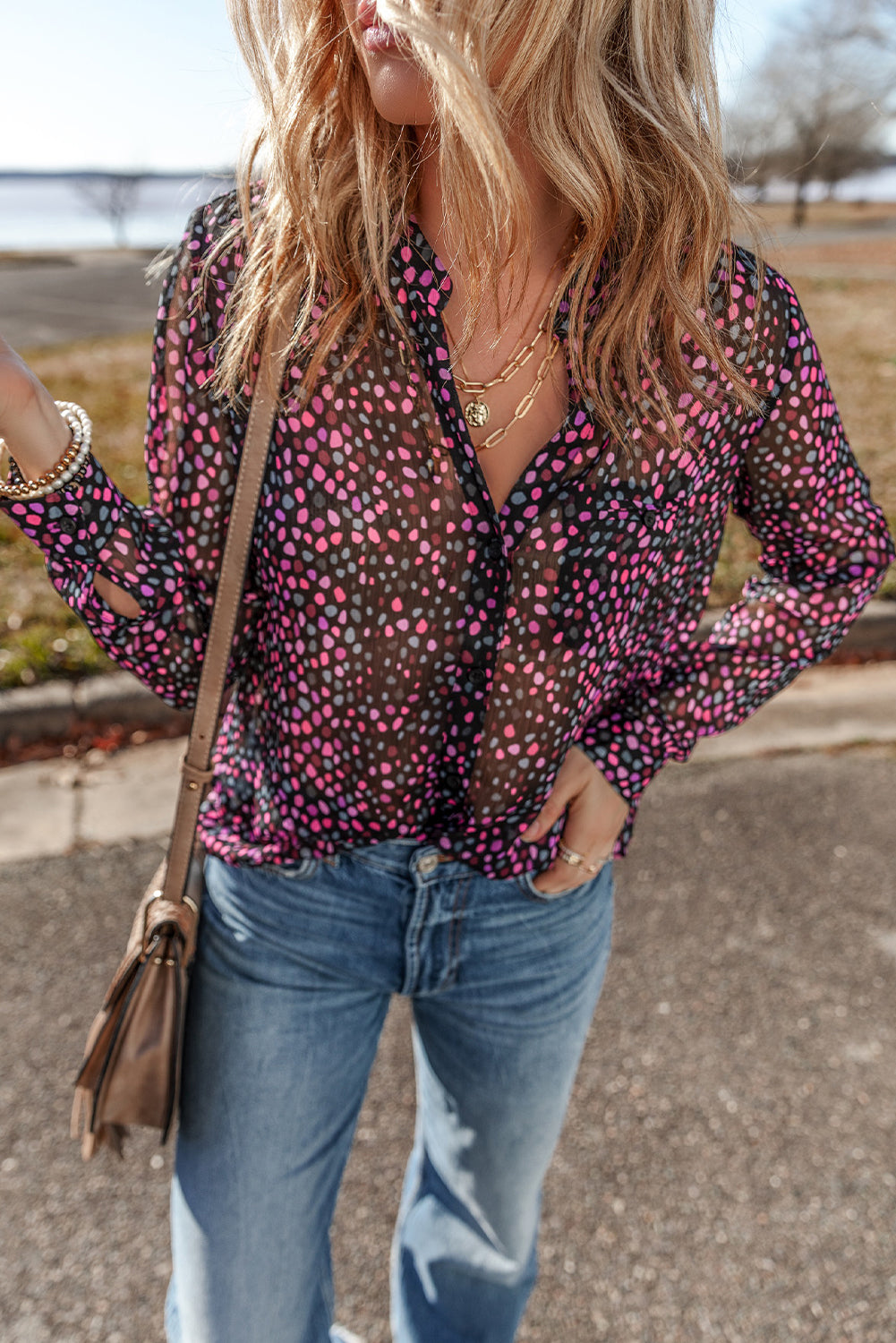 Grape Wine Polka Dot Printed Buttoned Casual Shirt