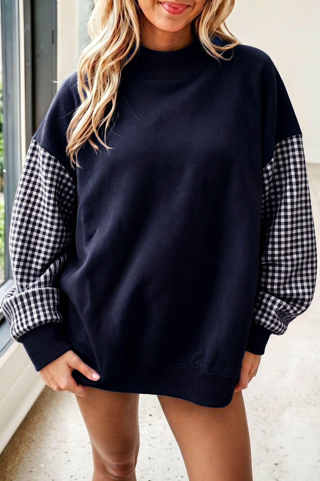 Dirty blue Plaid Sleeve Colorblock Loose Tunic Sweatshirt
