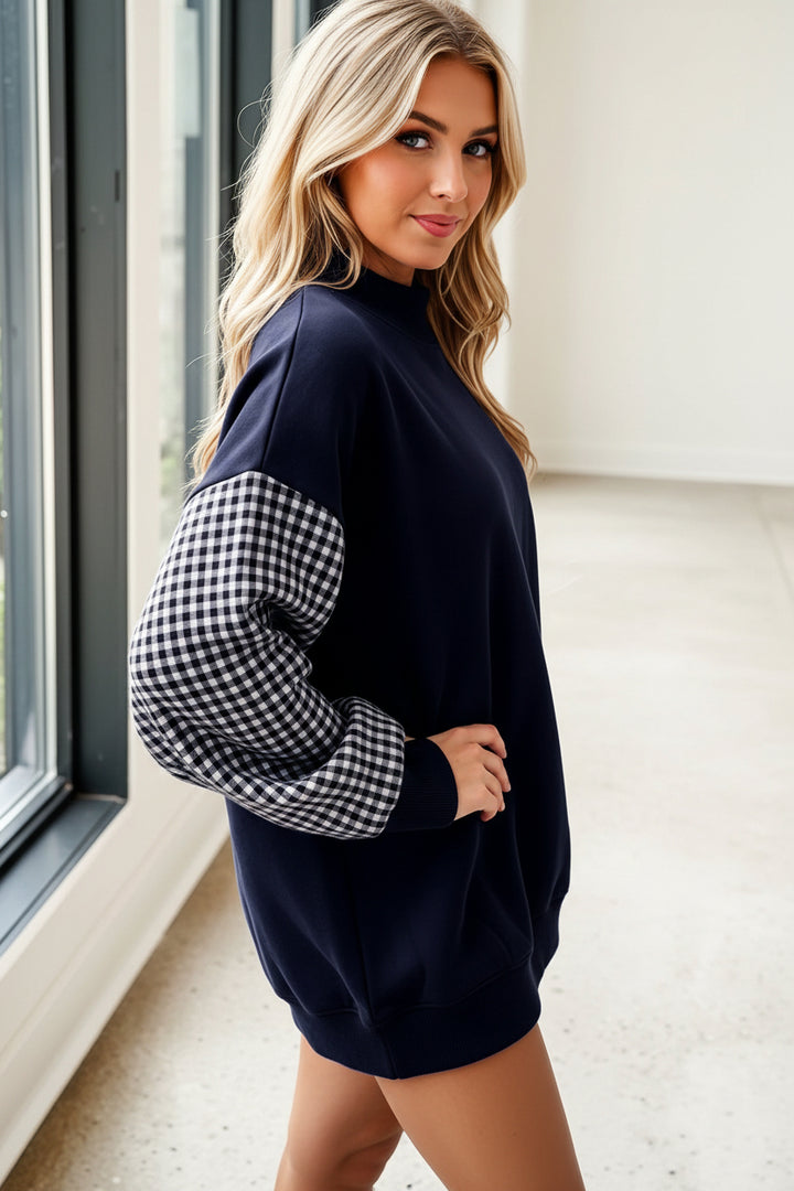 Dirty blue Plaid Sleeve Colorblock Loose Tunic Sweatshirt