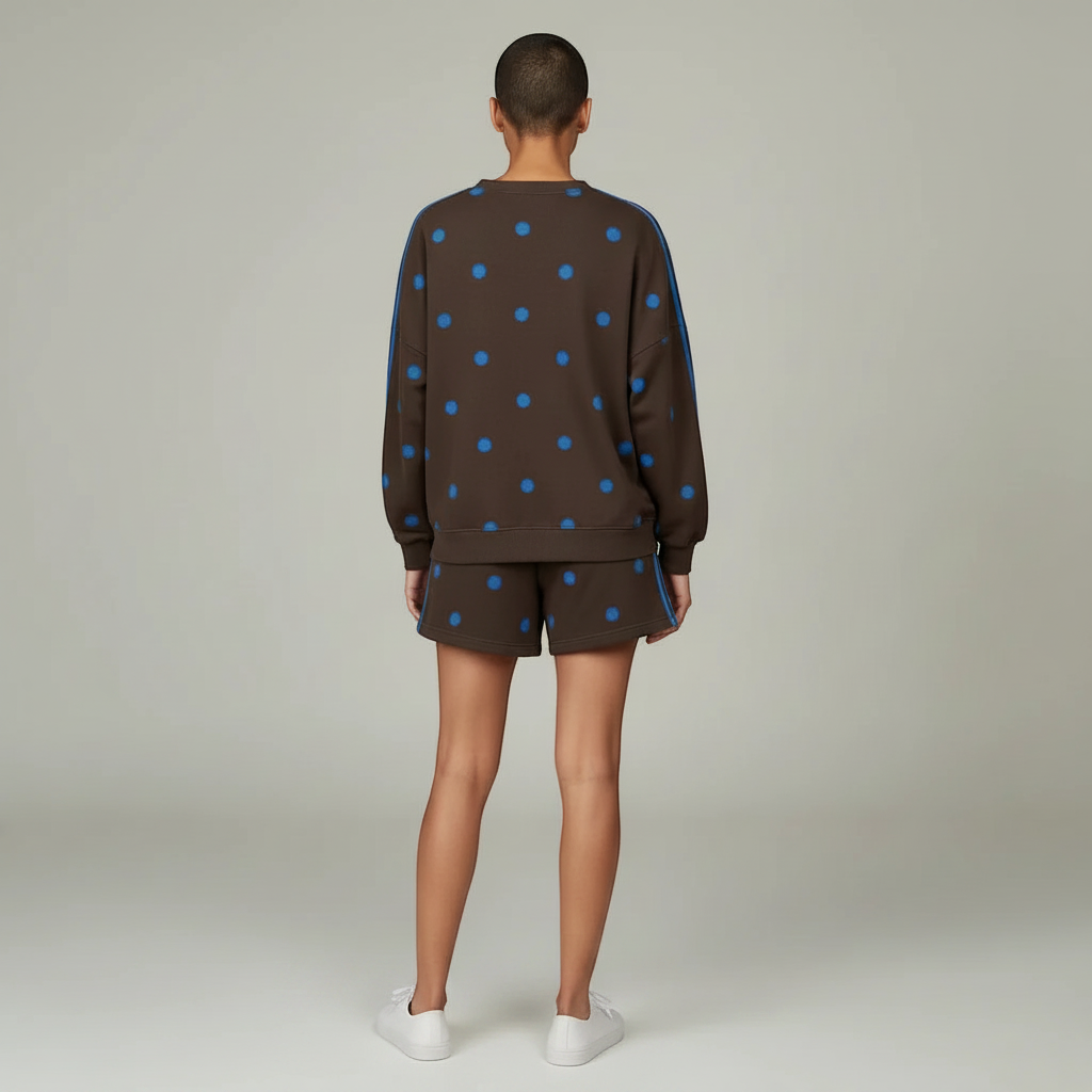 Brown Polka Dot Print Varsity Striped Detail Long Sleeve Top Short Set