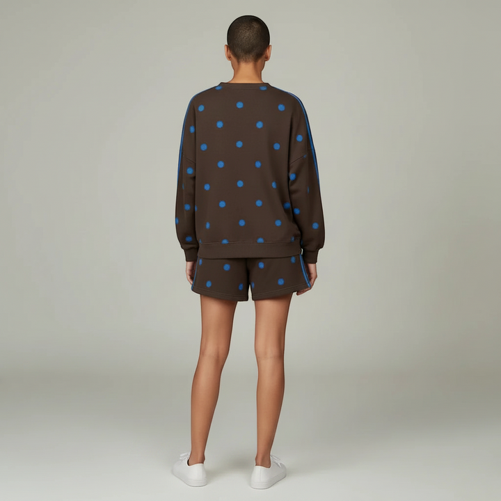 Brown Polka Dot Print Varsity Striped Detail Long Sleeve Top Short Set