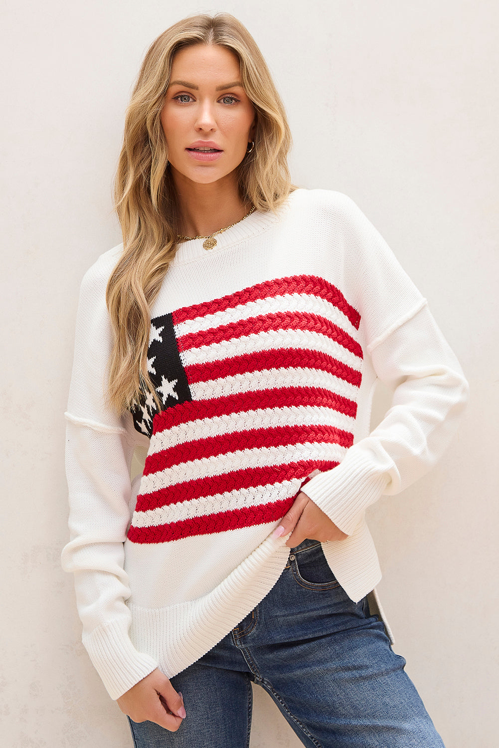 White American Flag Cable Knit Drop Shoulder Sweater | Women