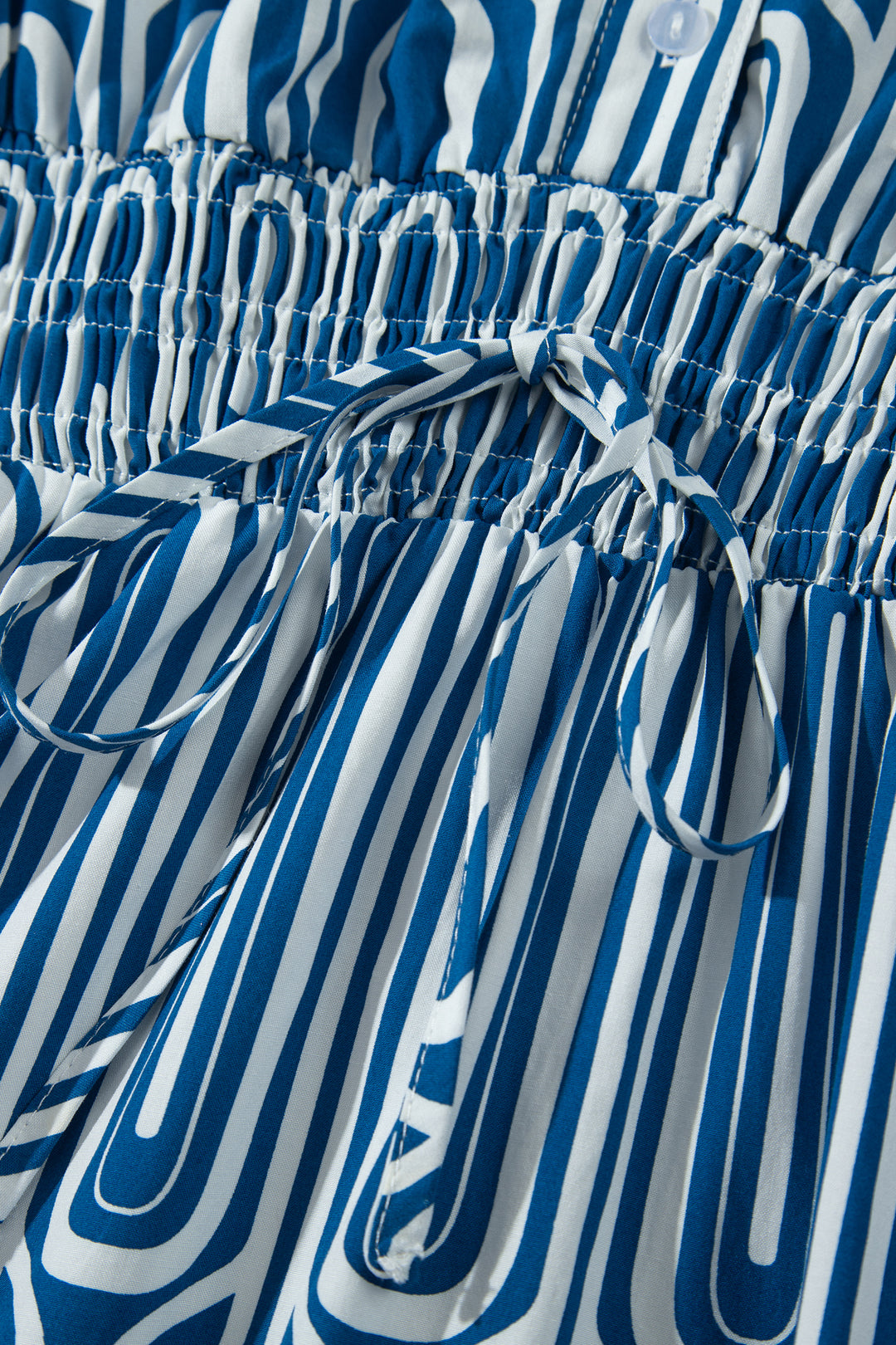 Blue Geometric Print Short Sleeve Drawstring Shirt Collar Dress