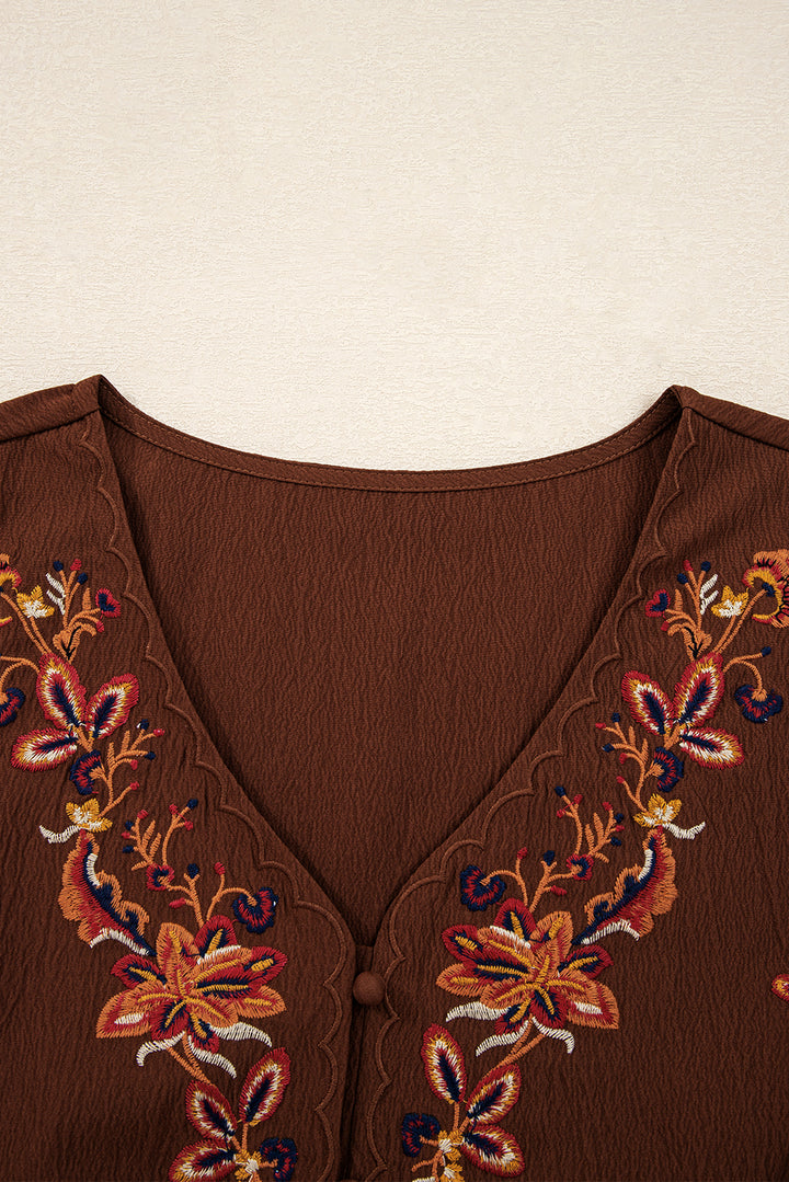 Burgundy Floral Embroidered Tassel Tie Waist Long Sleeve Mini Dress