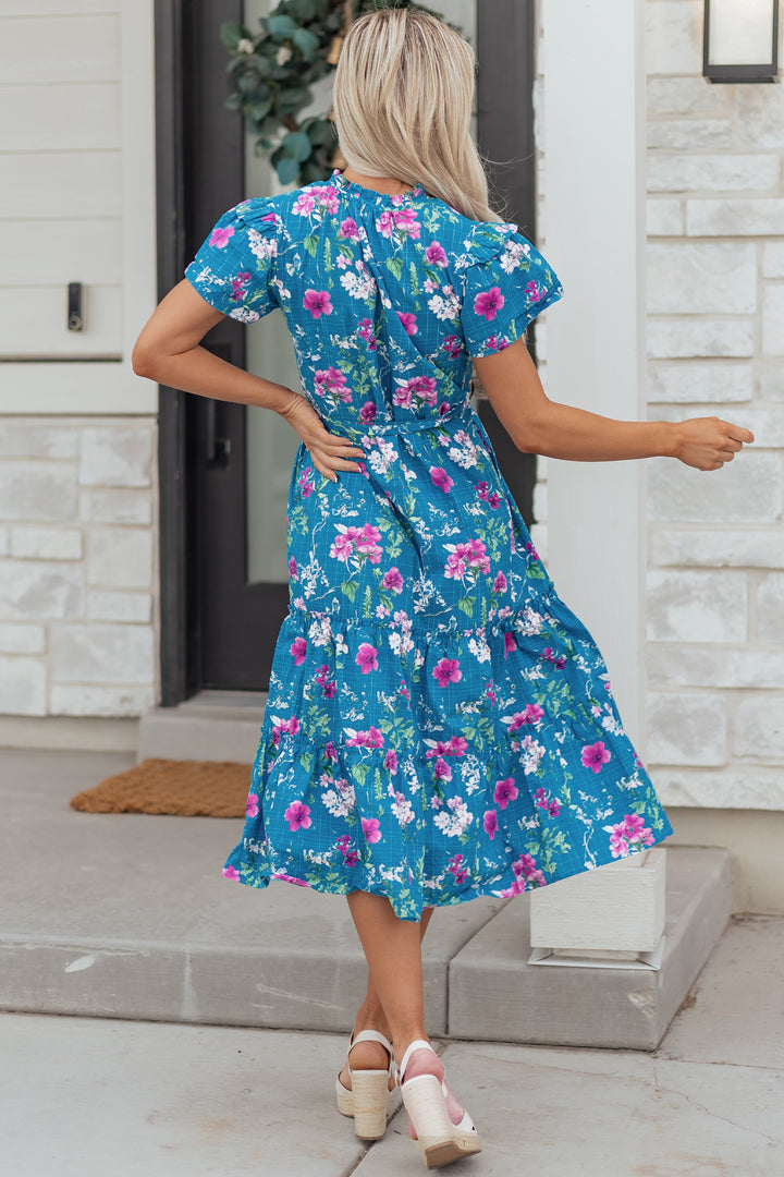 Blue Floral Flutter Sleeve Button Tie Split Neck Belted Long Dress