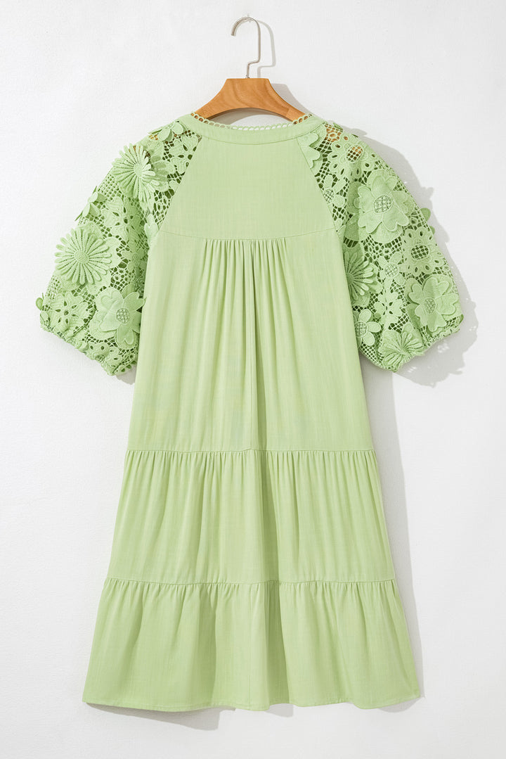 Laurel Green Floral Crochet Short Sleeve Notch V Neck Tiered Plus Size Mini Dress