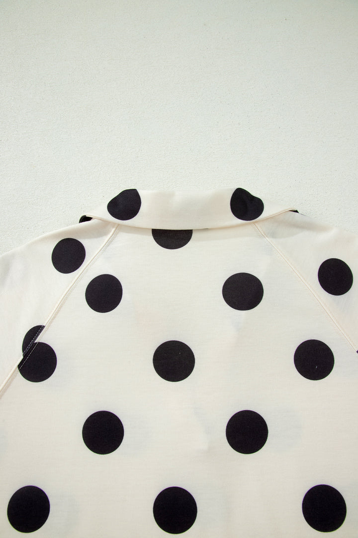 Beige Polka Dot Print V Neck Tee Short Set