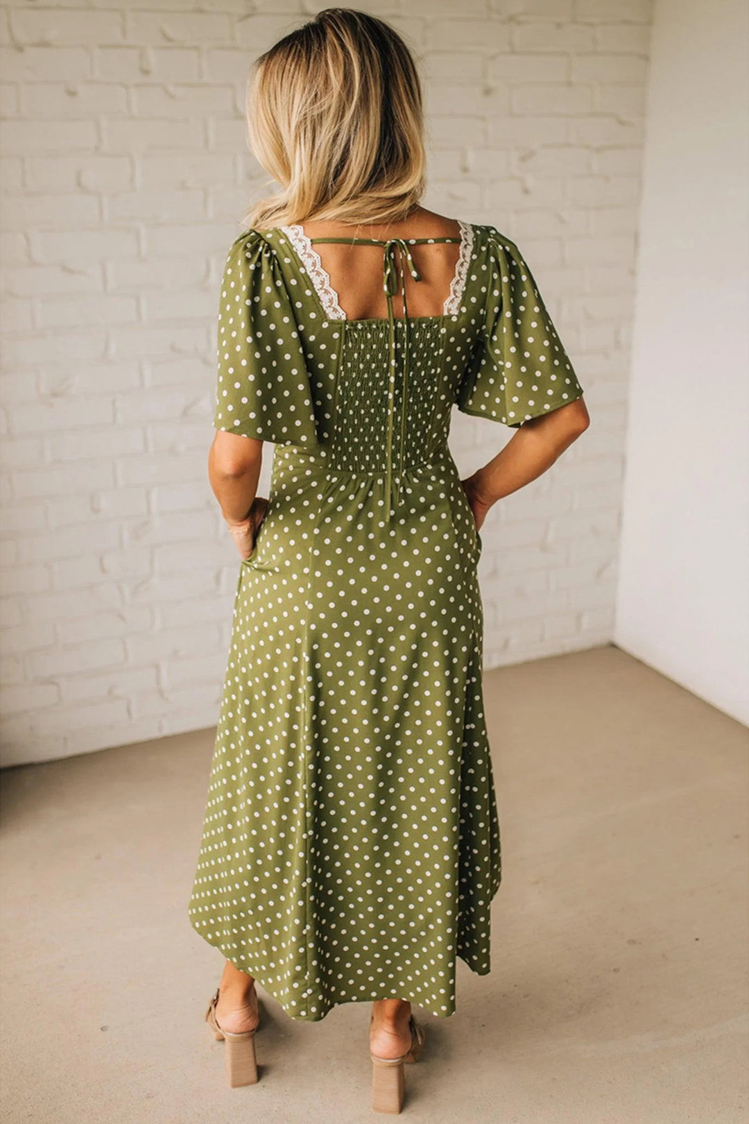 Green Polka Dot Print Lacy Neckline Smocked High Waist Maxi Dress Errabelly Green Polka Dot Print Lacy Neckline Smocked High Waist Maxi Dress Errabelly