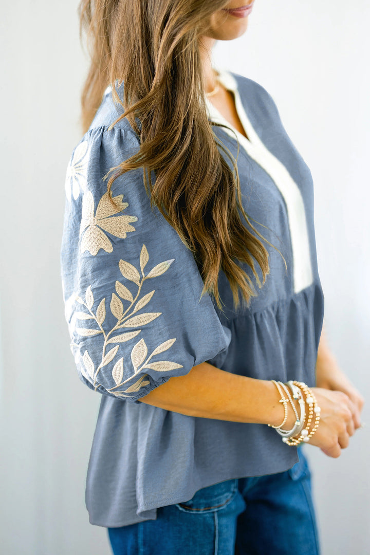 Myosotis Color Block Patchwork V Neck Embroidered Puff Sleeve Babydoll Blouse