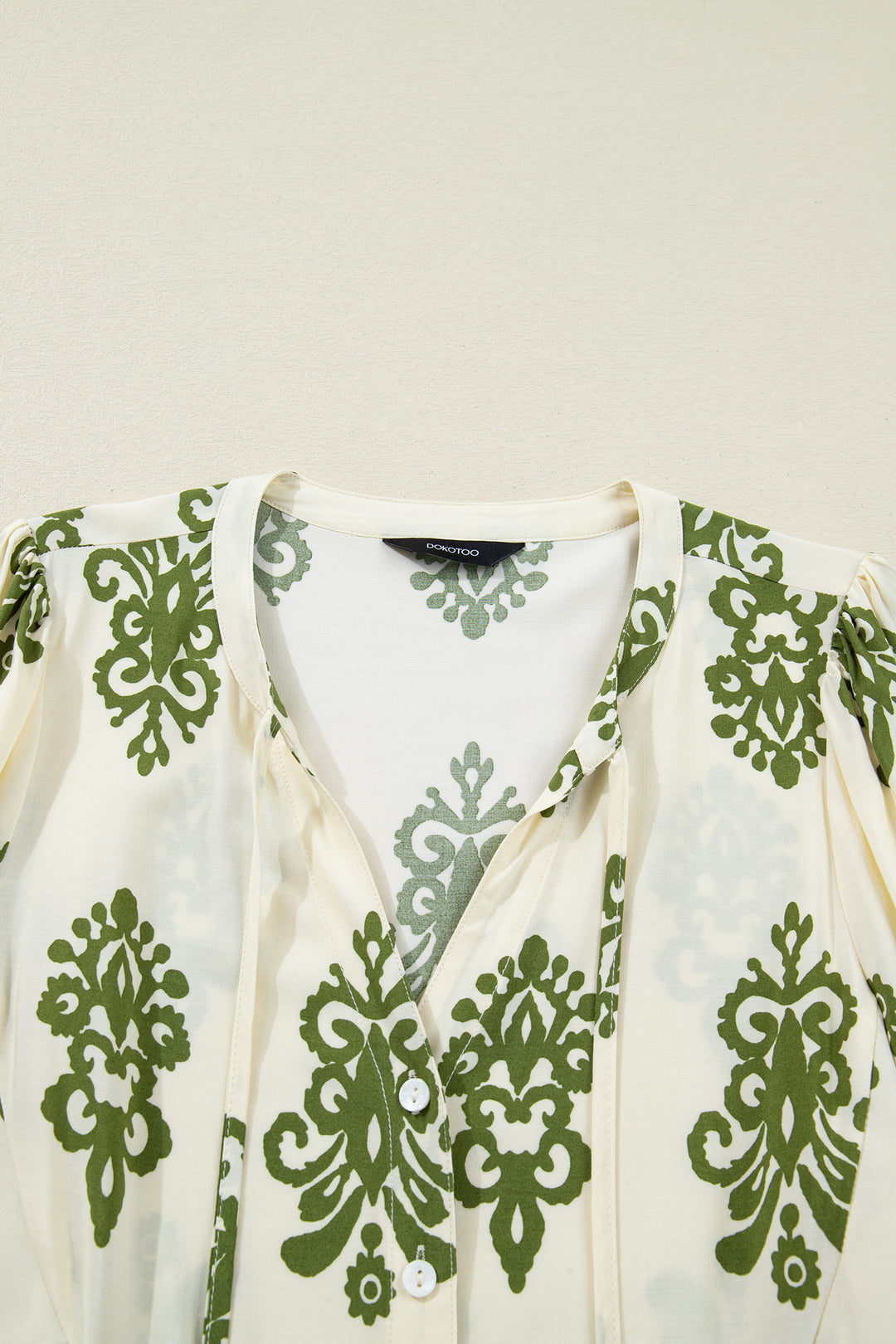 Apricot Floral Print Tie V Neck Button Down Puffy Half Sleeve Shirt