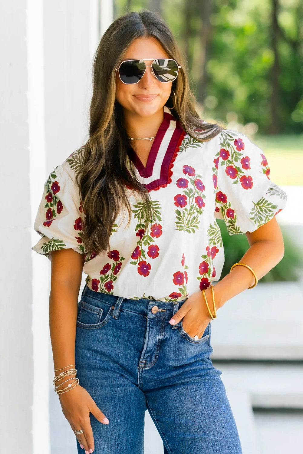 White Floral Short Bubble Sleeve Contrast Slit Neckline Blouse