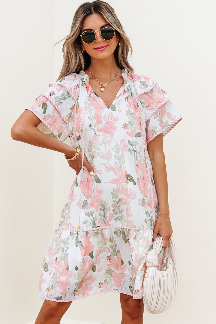 Orange Floral Contrast Edge Layered Short Sleeve Mini Dress