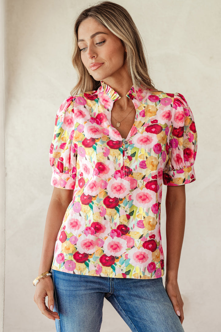 Pink Floral Frilled V Neck Puff Short Sleeve Cotton Blouse