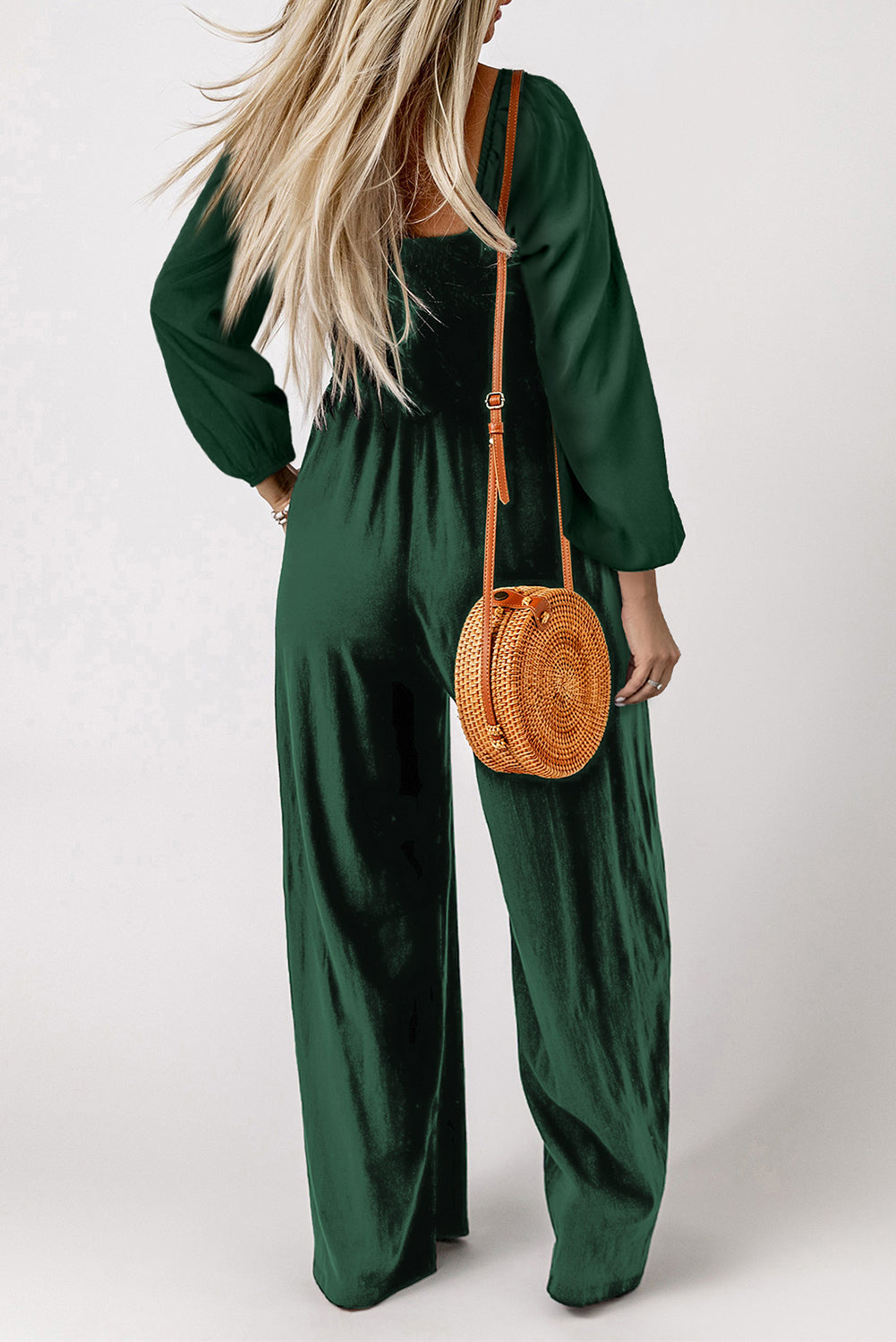 Black Smocked Square Neck Long Sleeve Wide Leg Jumpsuit | Women