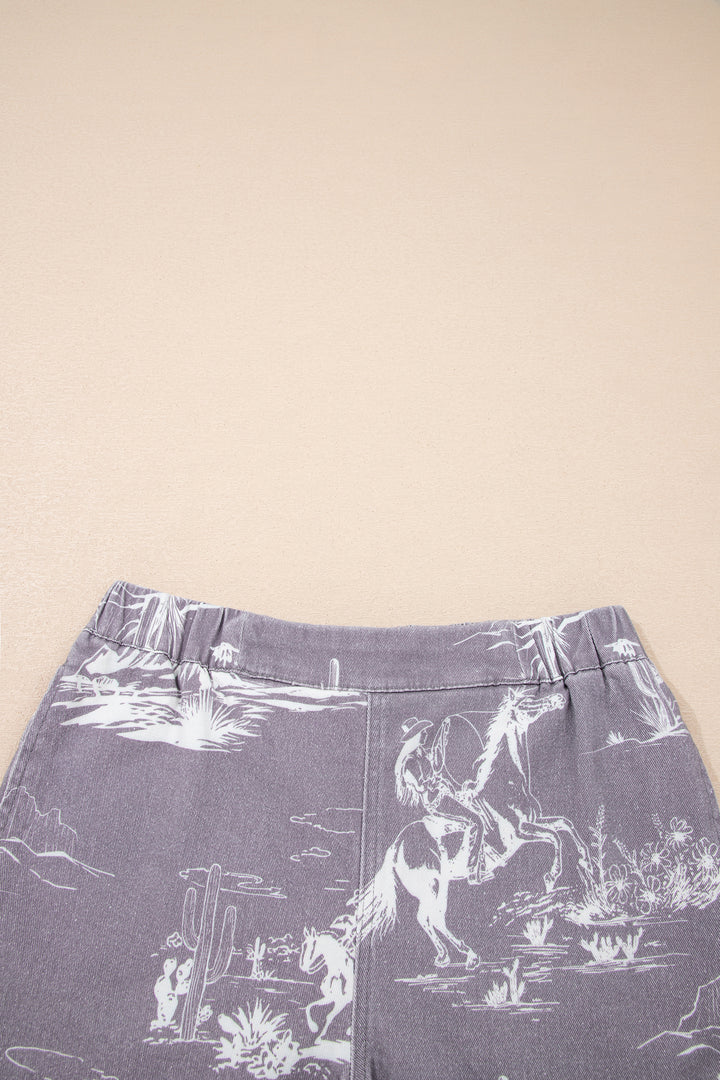 Gray Western Print Elastic Waist Cotton Denim Shorts