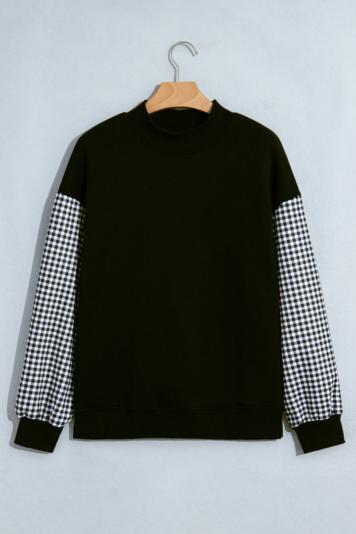 Dirty blue Plaid Sleeve Colorblock Loose Tunic Sweatshirt