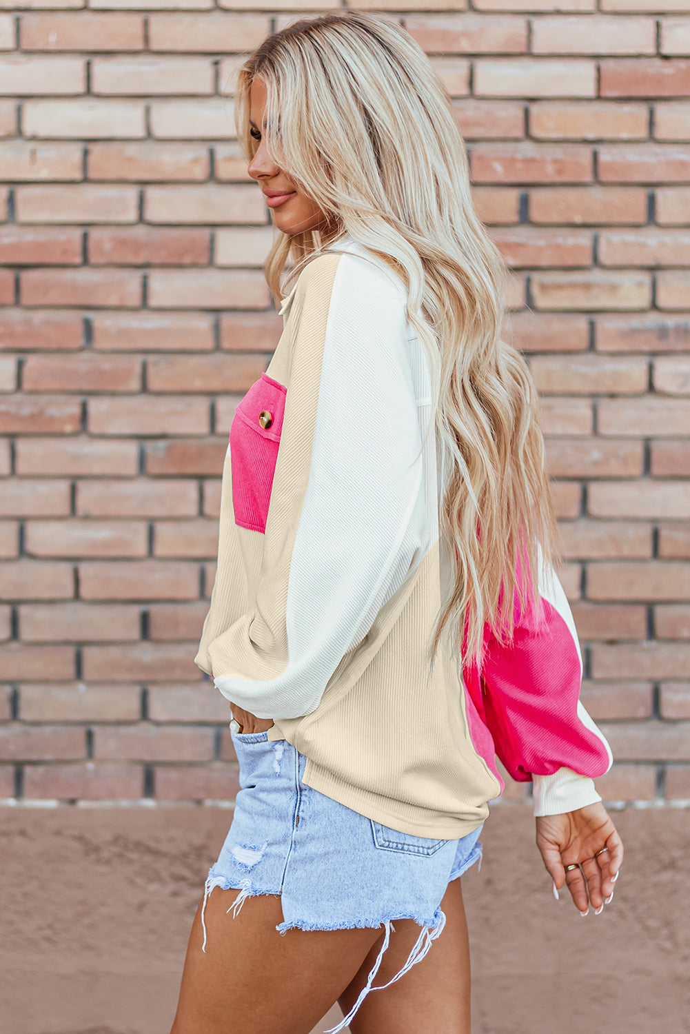 Pink Colorblock Ribbed Collared Oversized Sweatshirt