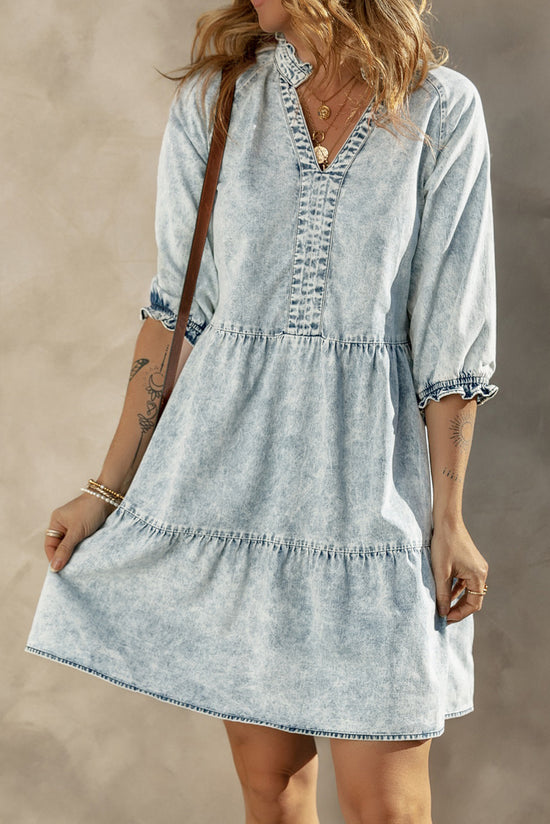 Dusk Blue Acid Wash Retro Half Sleeve Flared Denim Dress