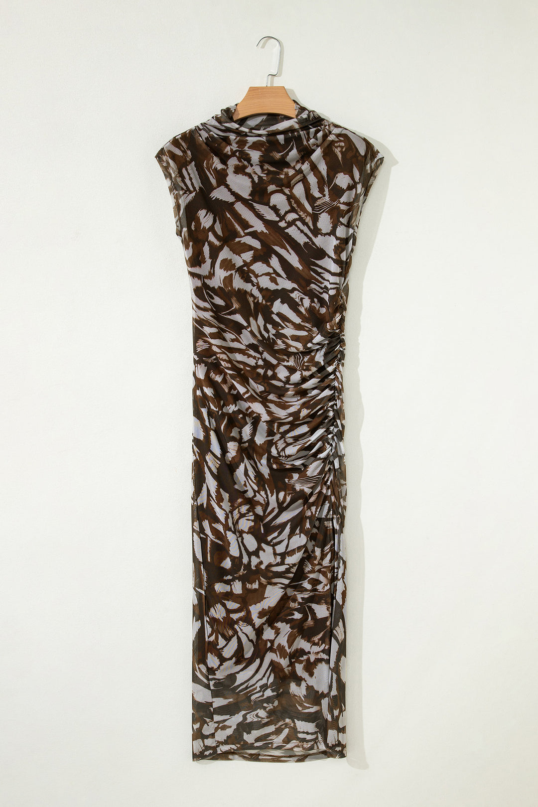 Brown Abstract Print Mesh Cowl Neck Cap Sleeve Ruched Midi Dress with Slit