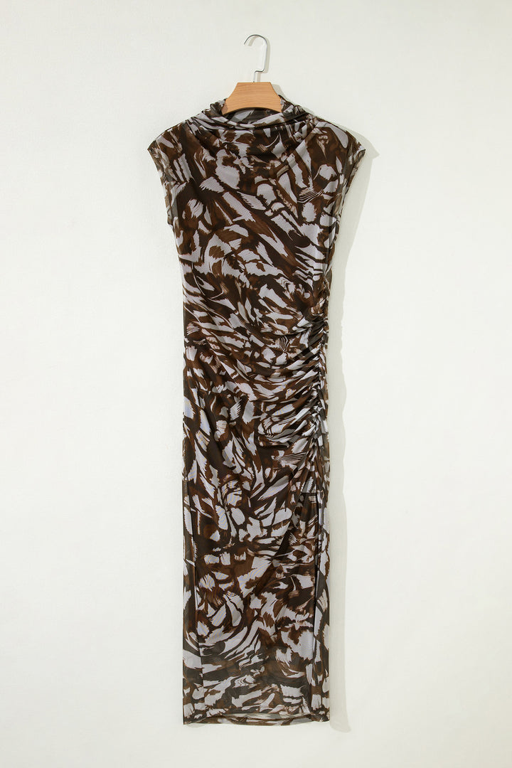 Brown Abstract Print Mesh Cowl Neck Cap Sleeve Ruched Midi Dress with Slit