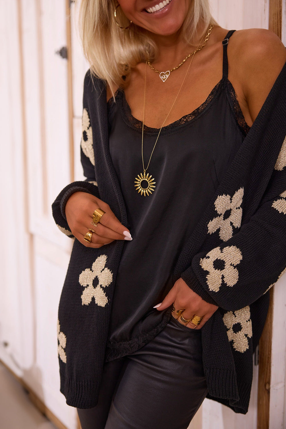 Black Floral Print Knitted Open Front Loose Cardigan | Women