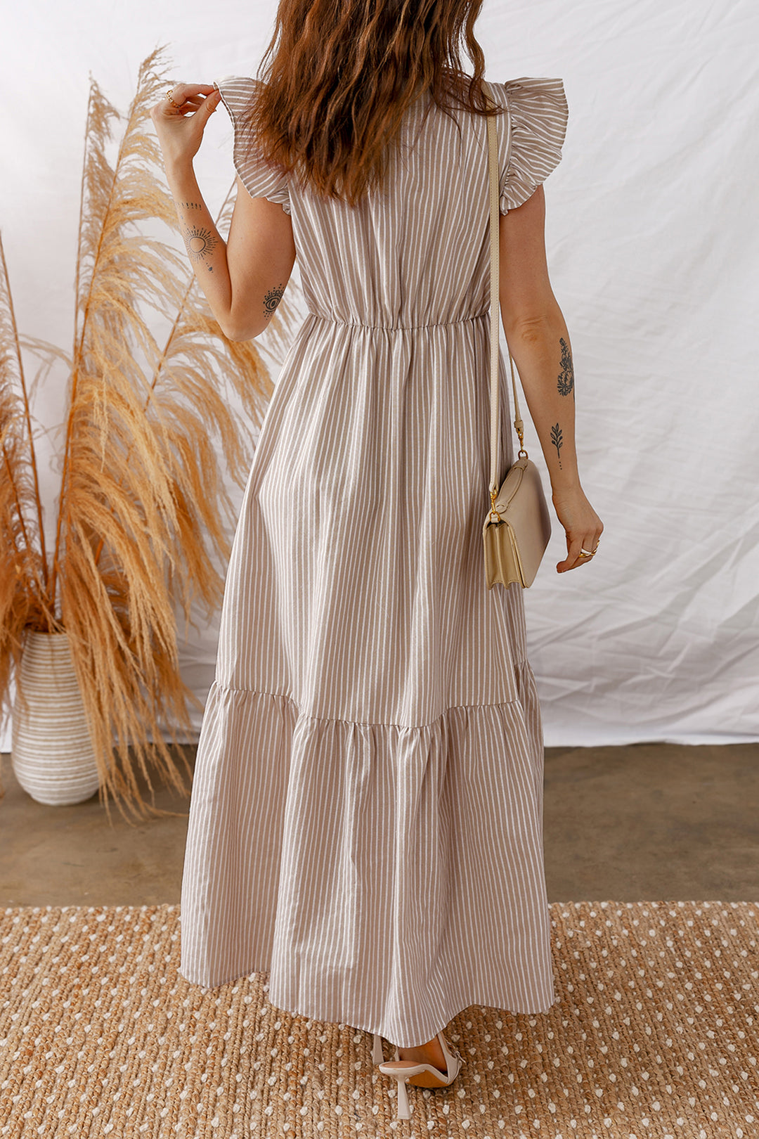 Khaki Stripe Flutter Sleeve Buttoned Front Slit Maxi Dress