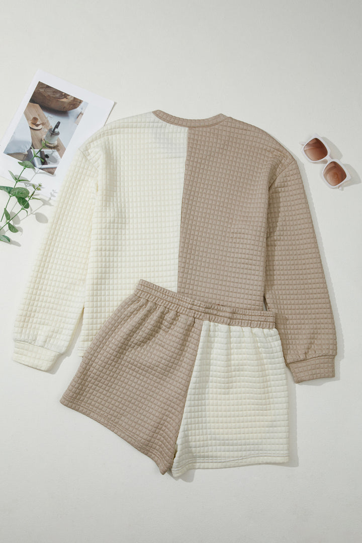 Khaki Color Block Patchwork Textured Long Sleeve Top 2pcs Short Set