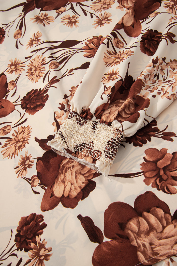 Brown Floral Print Button Down Poet Sleeve Shirt