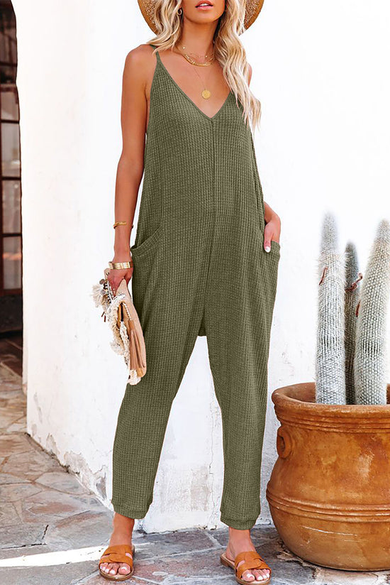 Green Textured Sleeveless V-Neck Pocketed Casual Jumpsuit