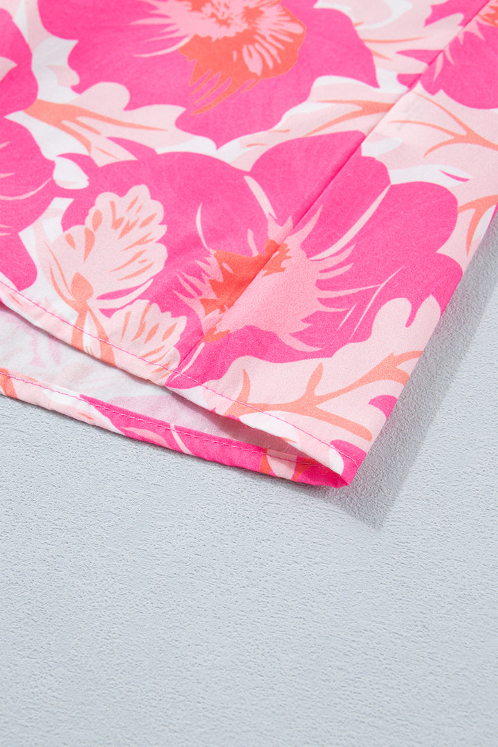 Pink Short Bubble Sleeve Summer Floral Blouse