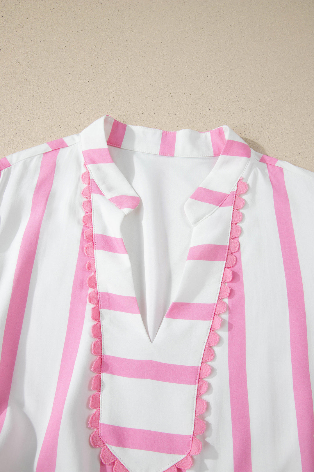 Pink Stripe Plus Size V Neck Short Puff Sleeve Tiered Maxi Dress