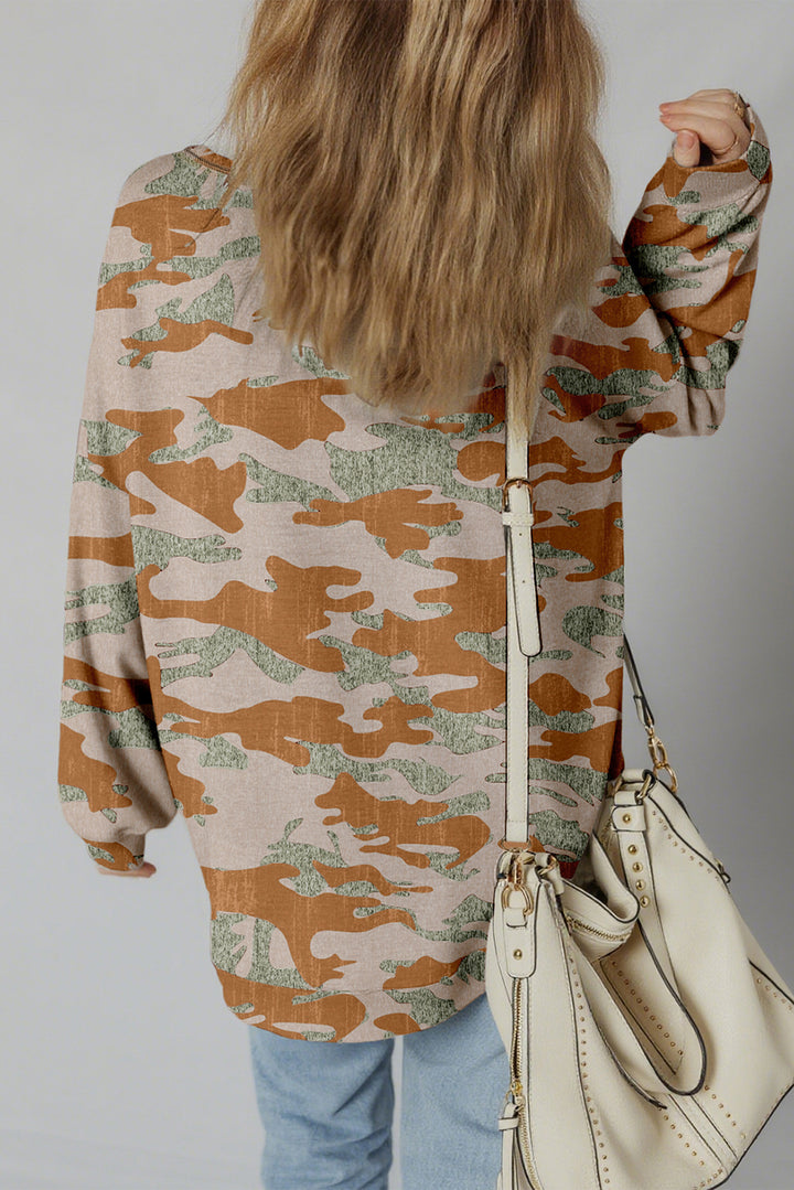 Green Retro Camouflage Print Exposed Seam Patchwork Drop Shoulder Sweatshirt