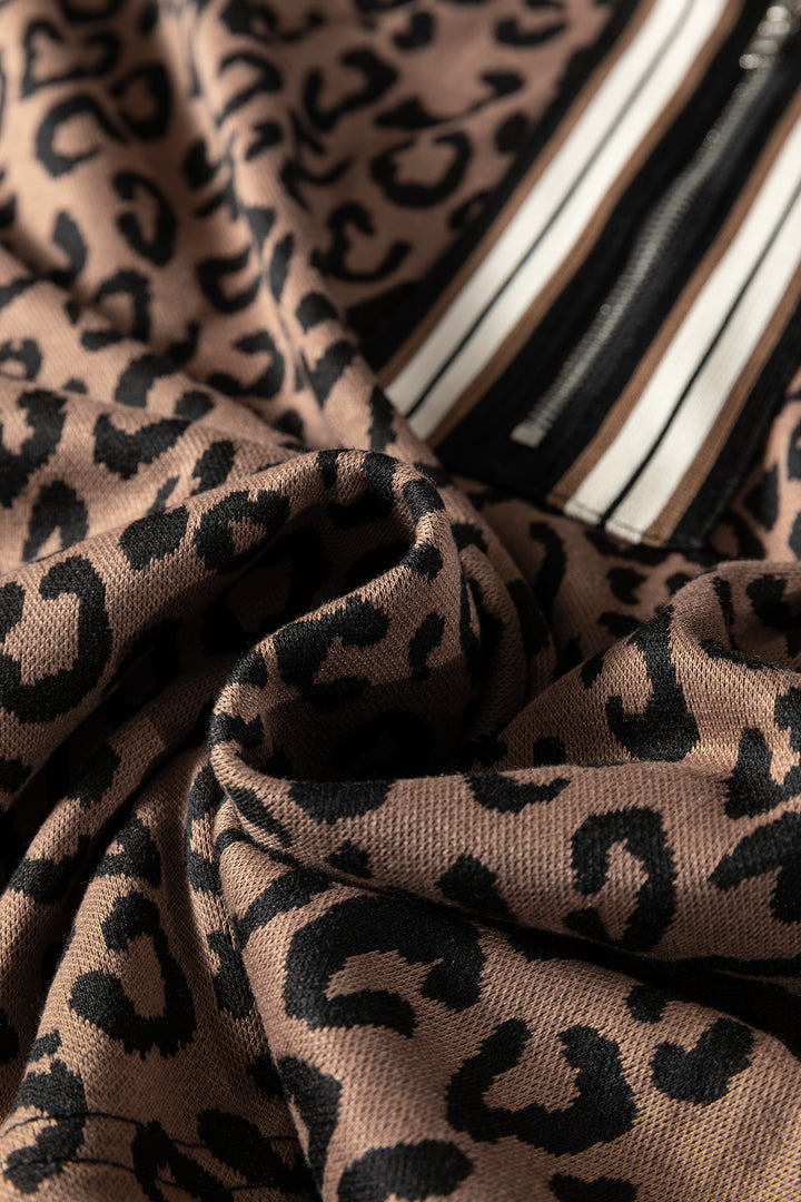 Khaki Leopard Print Quarter Zip Long Sleeve Top Mini Skirt Set