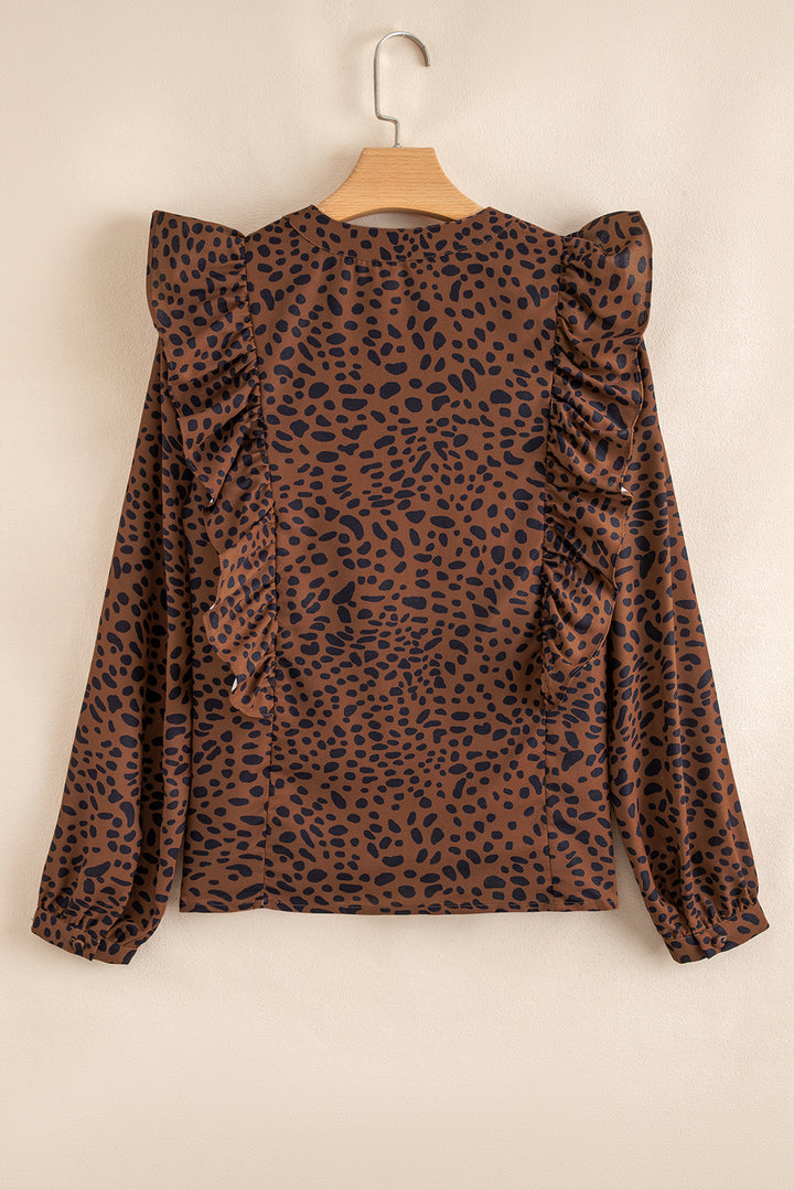 Brown Leopard Print Ruffled Puff Sleeve Blouse