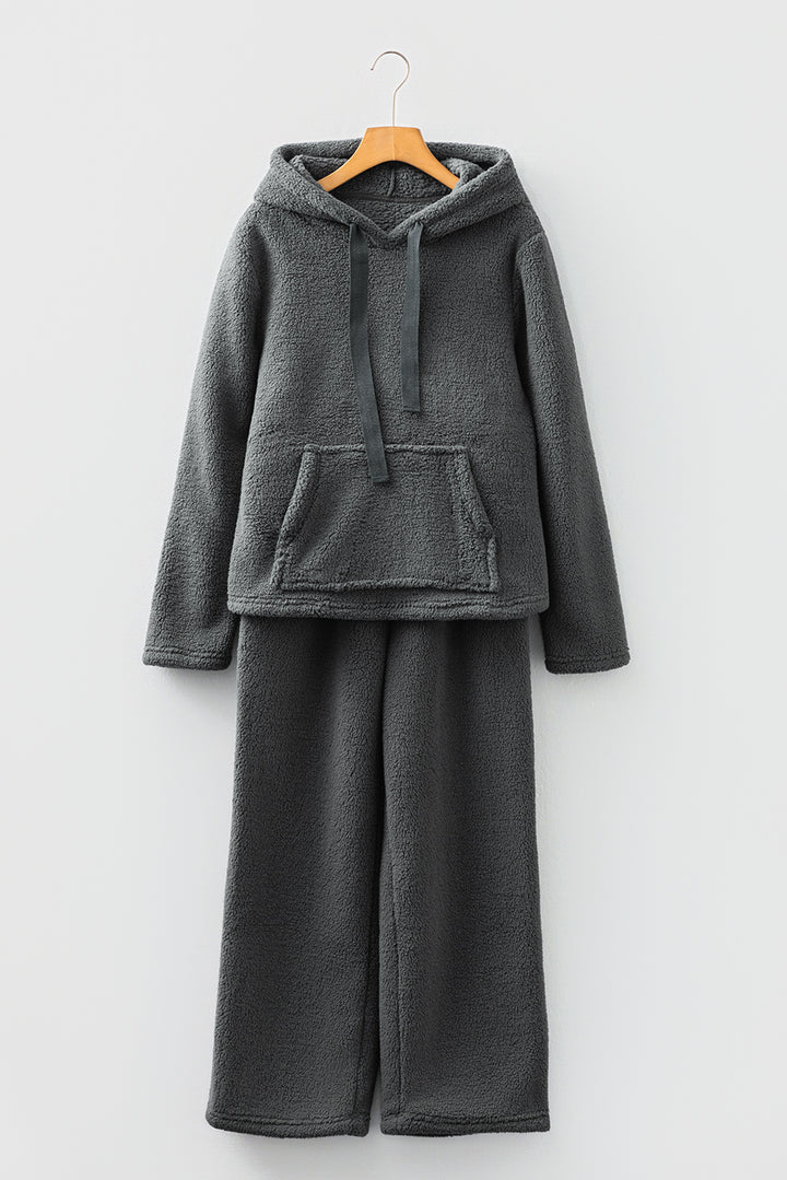 Medium Grey Fuzzy Drawstring Hoodie Lounge Pants 2pcs Set