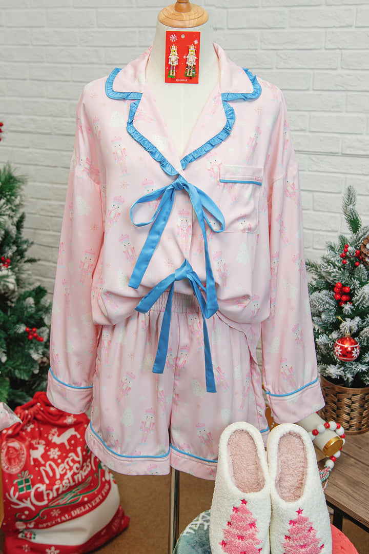 Pink Bow Tie Front Christmas Nutcracker Long Sleeve Shirt Shorts Pajama Set