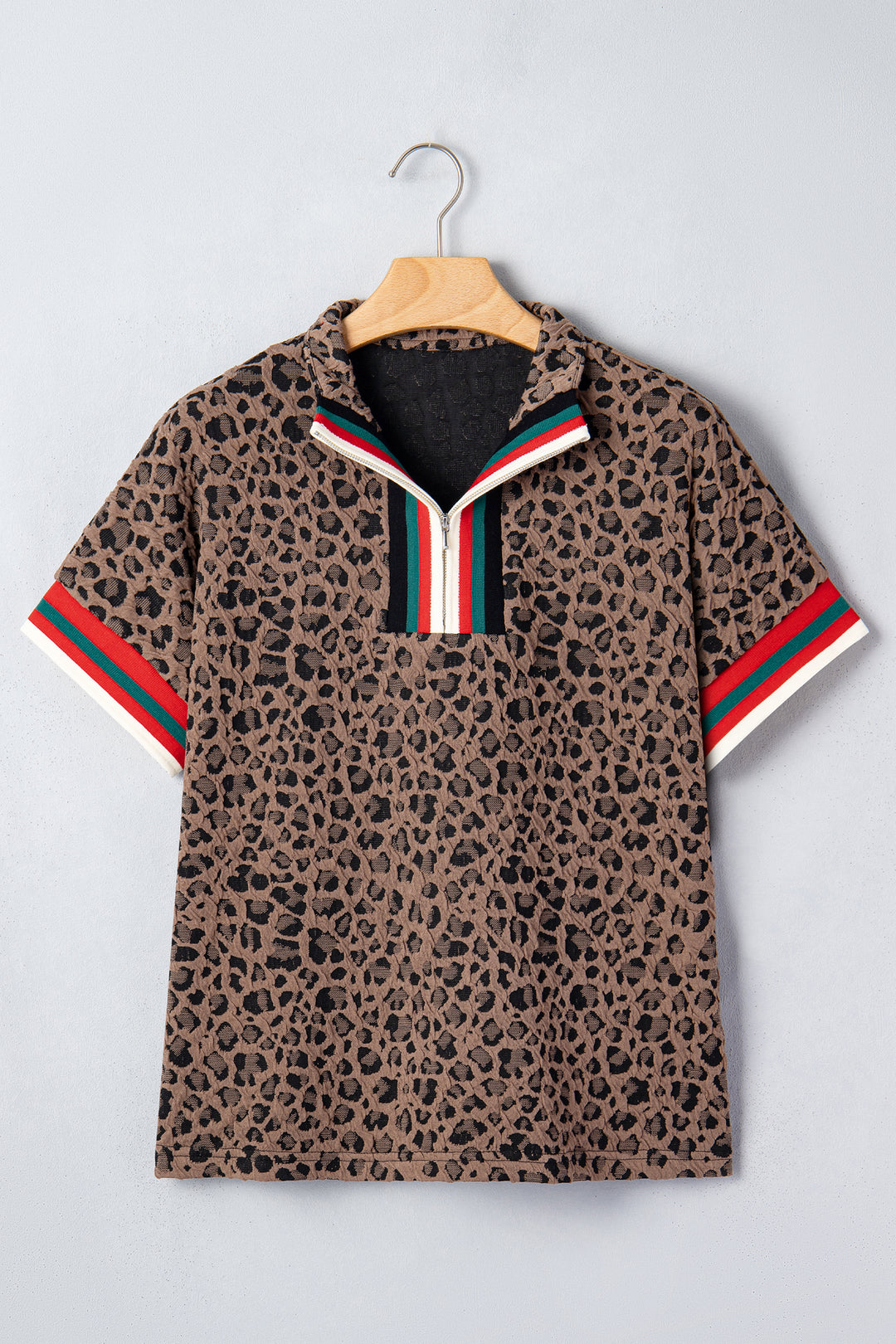 Brown Leopard Jacquard Striped Patchwork Half Zip Short Sleeve Blouse