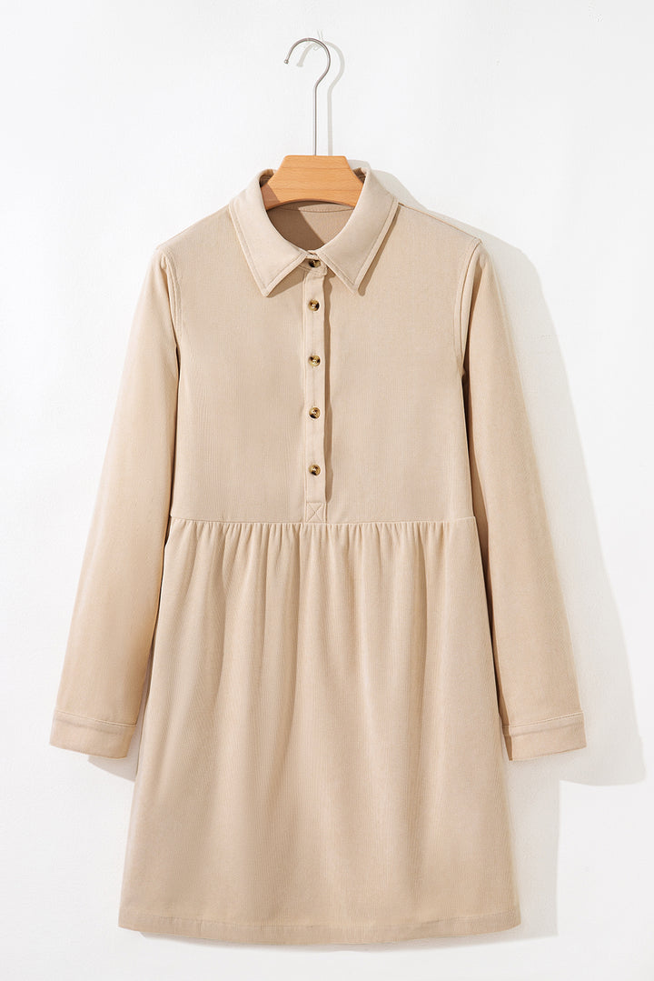 Oatmeal Corduroy Half Button Collared Long Sleeve Mini Dress