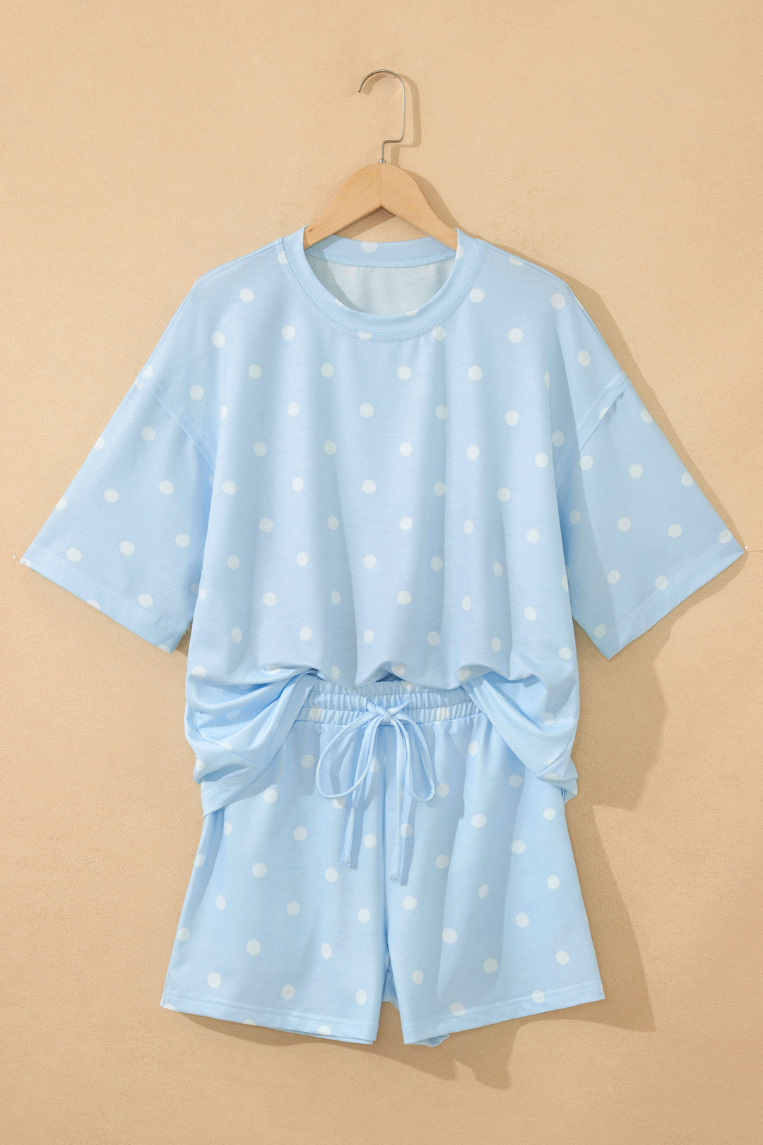 Sky Blue Exposed Seam Detail Polka Dot Loose Tee Drawstring Shorts Set