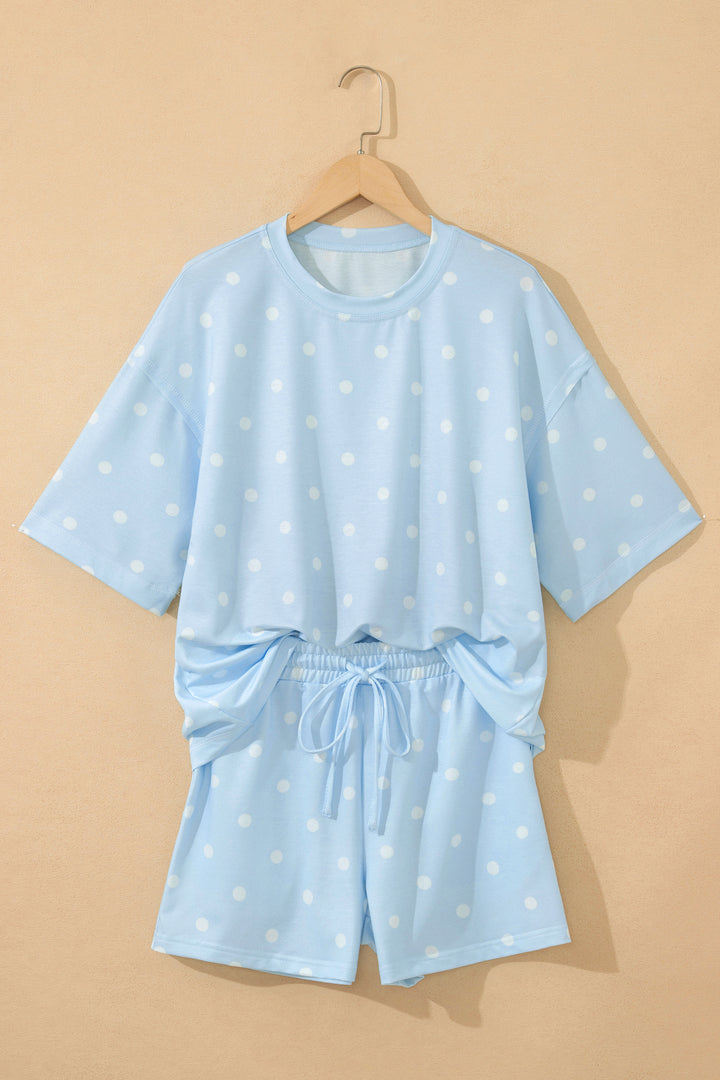 Sky Blue Exposed Seam Detail Polka Dot Loose Tee Drawstring Shorts Set