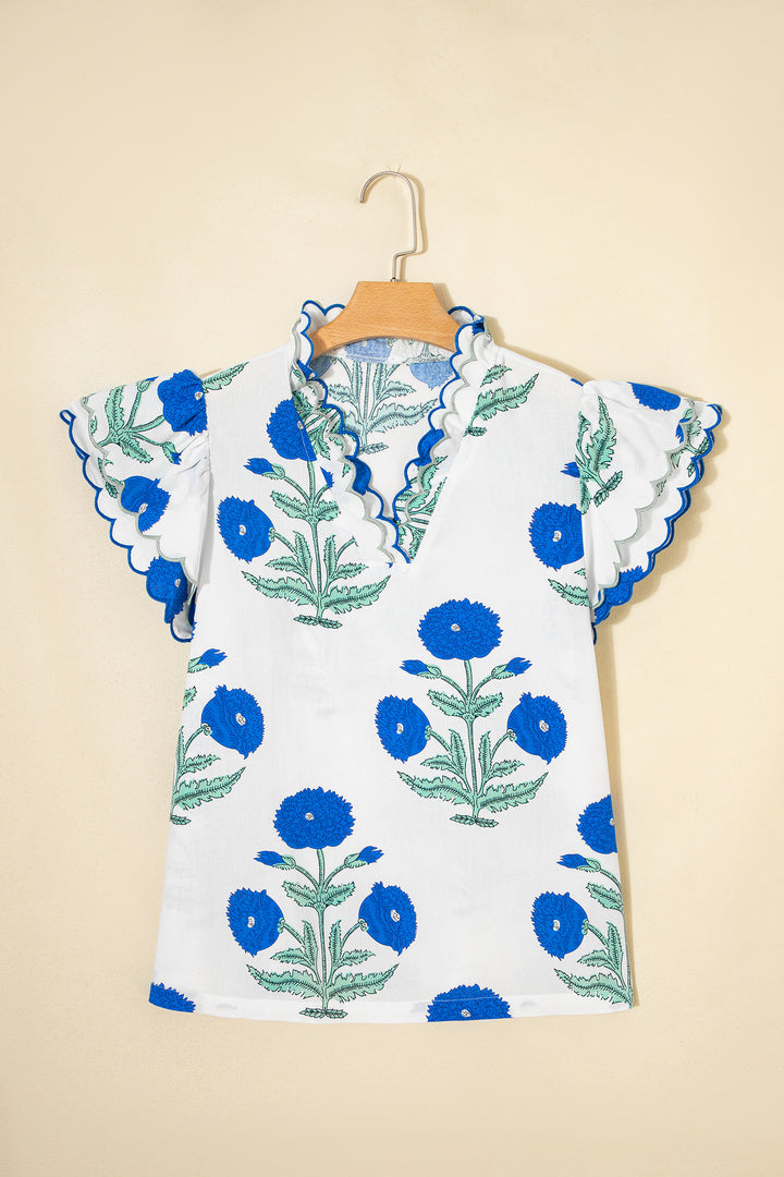Blue Wild Flower Print Contrast Trim Scallop Detail Short Sleeve Blouse
