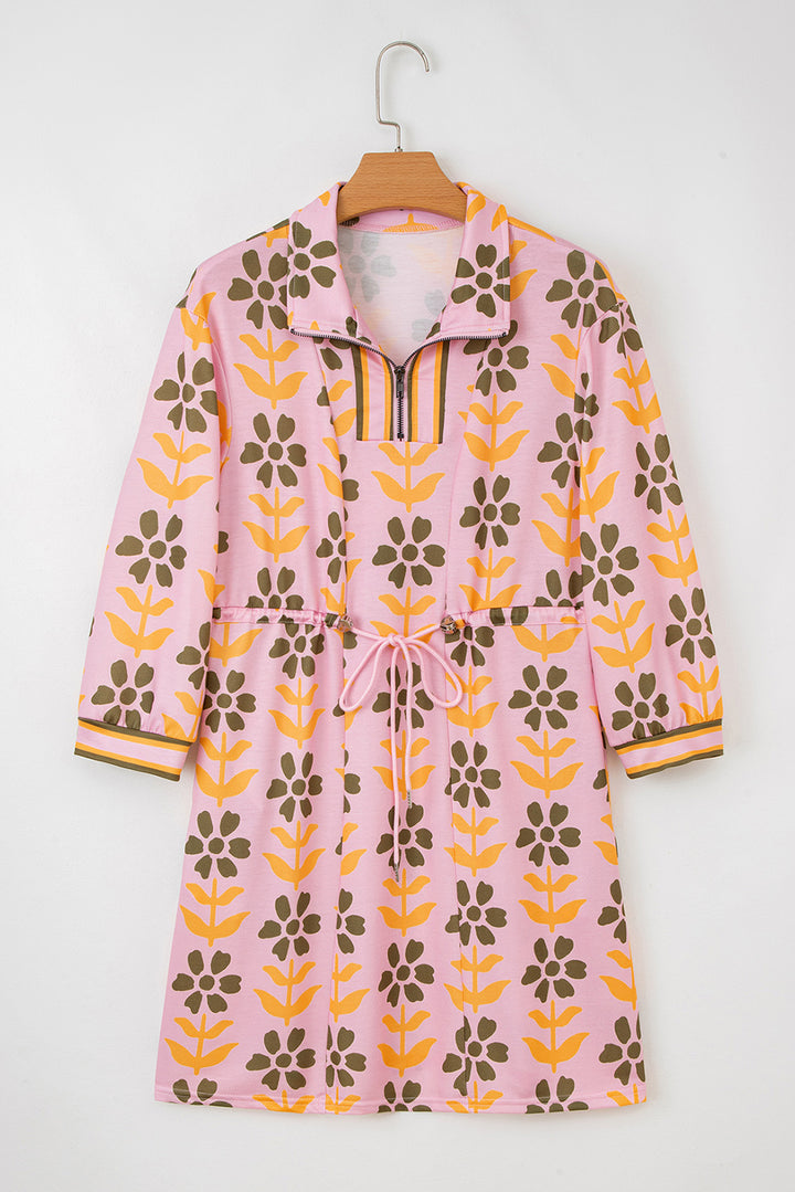 Pink Floral Print Zip Neck Striped Patchwork Long Sleeve Drawstring Dress