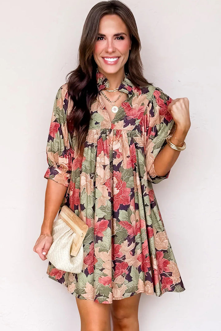 Green Floral Print Frilled Collar V Neck Half Sleeve Mini Dress