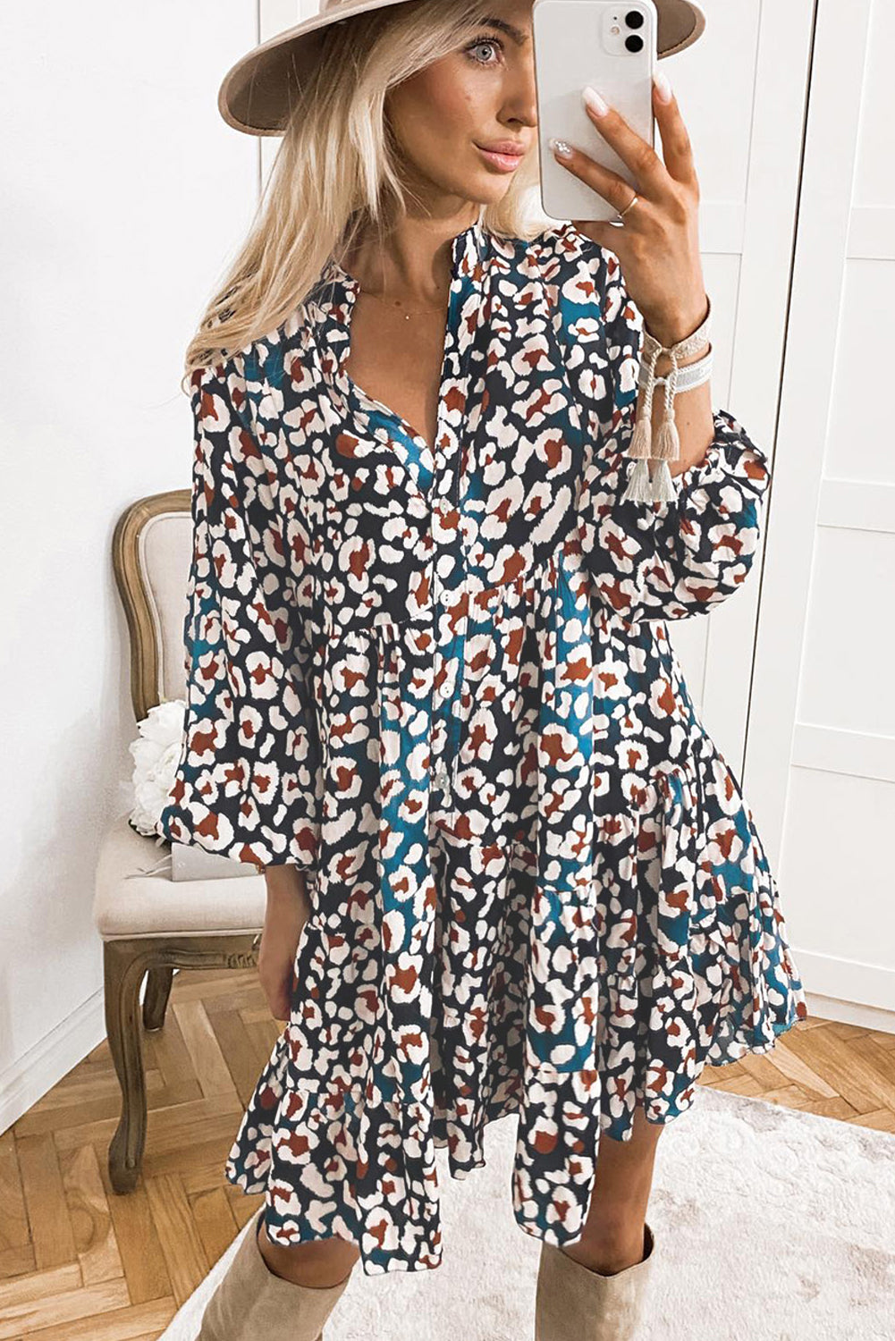 Blue Leopard Print Bubble Sleeve Ruffled Shirt Dress